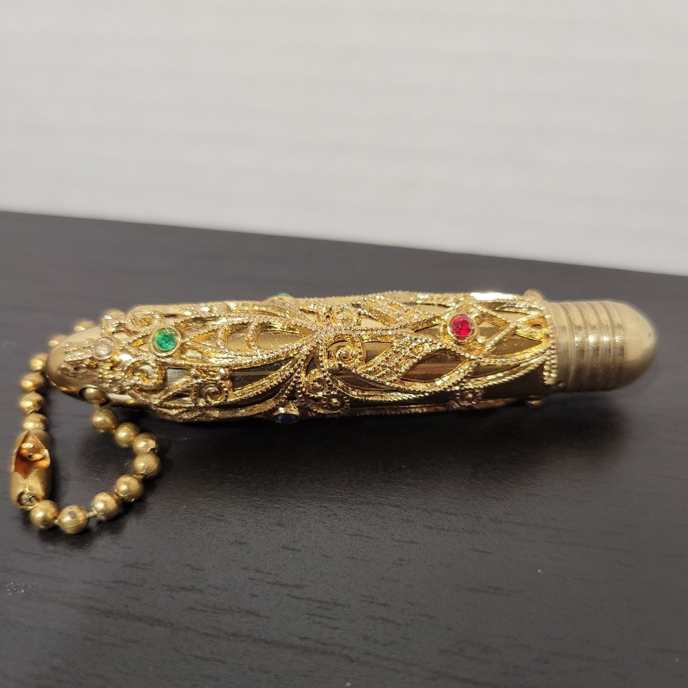 Vtg Ornate Gold Filagree w/Rhinestones Keychain Pen.